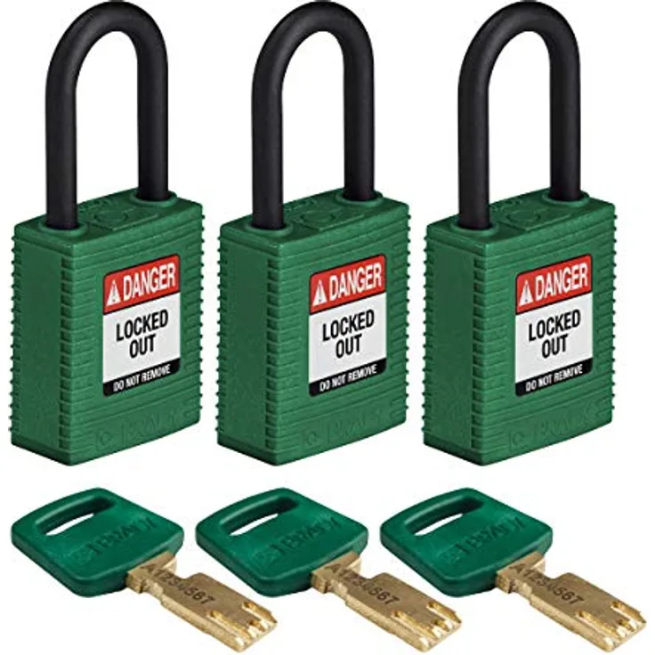 Brady (NYL-GRN-38PL-KA3PK) SafeKey Nylon Lockout-Vorhängeschloss Mit Nylon Bügel 38.00 mm Grün KA - Gleichschließende Schlösser 3 Stück