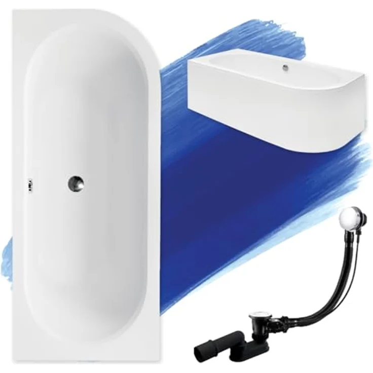 Besco BADLAND Eckbadewanne AVITA 170x75 cm, Weiß Acryl, KOMPLETTSET mit Acrylschürze, Füßen und Chrom Automatik Ablaufgarnitur, Made in EU 4in1 – Bild 1