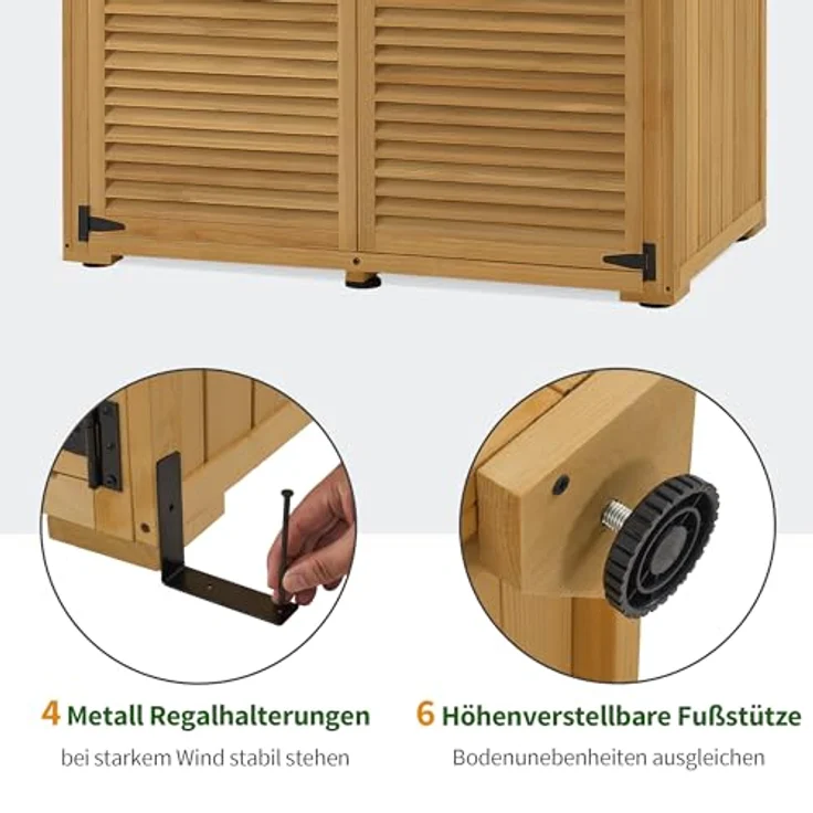 M MCombo Gartenschrank Holz, Gartenhaus Klein Wetterfest, Outdoor Gerätehaus Geräteschuppen, für Außenbereich Balkon Terrasse, 59×127×168 cm, 0901D (Natur) – Bild 5