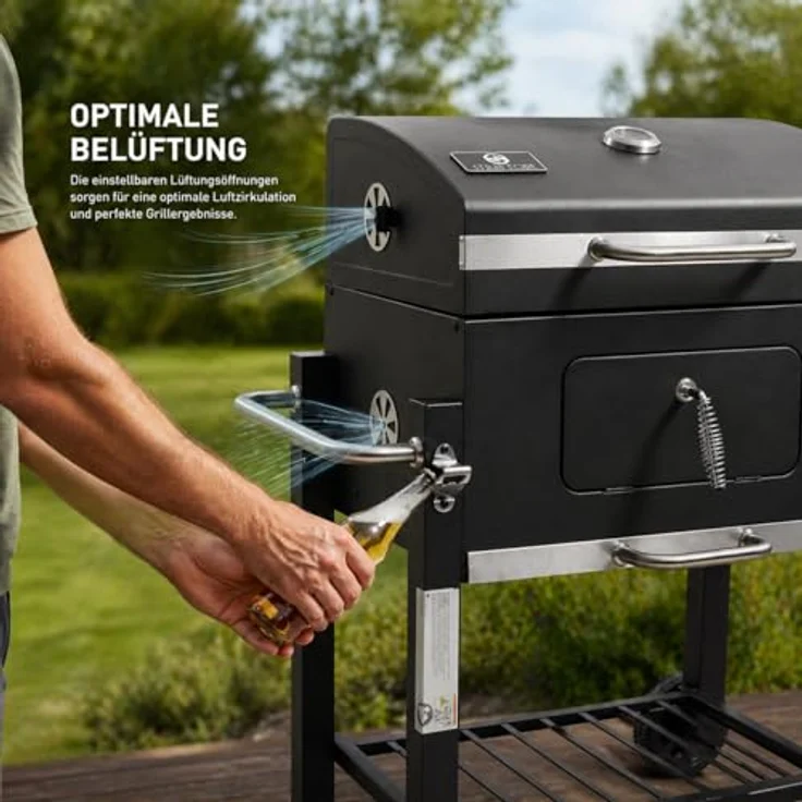 Strattore Holzkohlegrill / BBQ XL Grillwagen, schwarz, mit stufenlos verstellbarem Kohleeinsatz – Bild 3