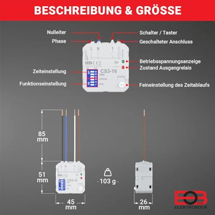 ELEKTROBOCK Zeitrelais - Nachlaufrelais 230 V 16 A - 8 Funktionen, LED geeignet, Unterputz für Lüftersteuerung und Umwälzpumpen – Bild 5