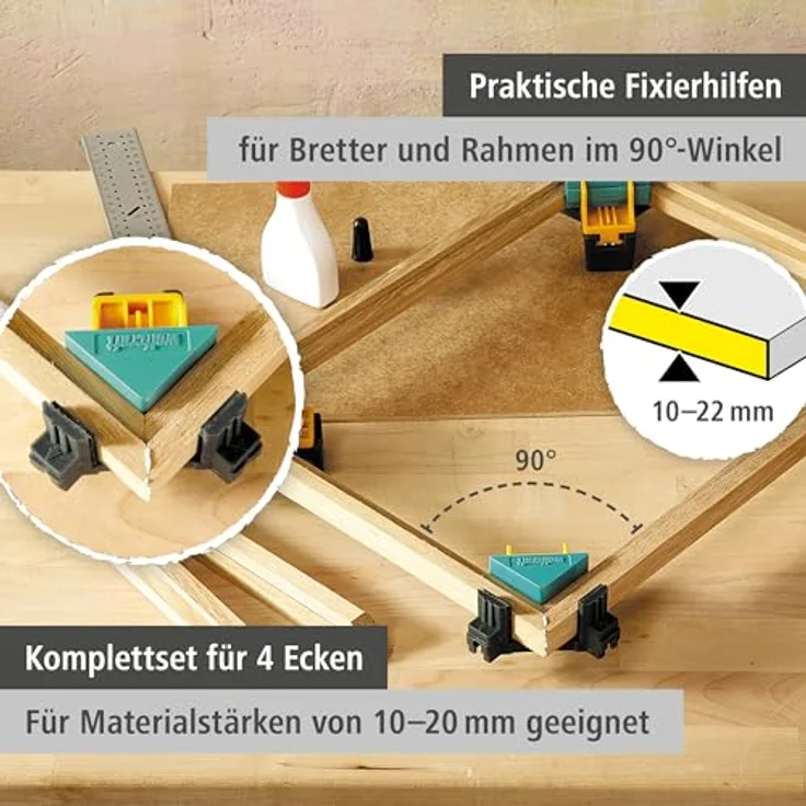 Wolfcraft Projekt-Set „Rechtwinkliges Spannen“ 8626000, 4 Eckenspanner ES 22 für 90°-Fixierung von Brettstärken 10-22 mm – Bild 3