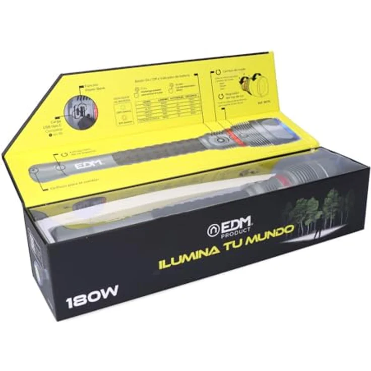 EDM Taschenlampe LED 36170, 180 W, 18.000 Lumen, IP67, wiederaufladbare 15.000 mAh Batterie, Power Bank-Funktion, Aluminiumgehäuse – Bild 6