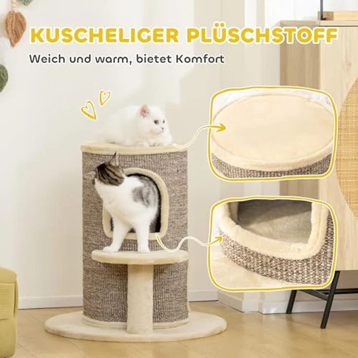 PawHut Kratztonne für Katzen, 61 cm hoch, mit 2 Höhlen, Sisal-Kratzfläche und Plüschbezug, in Beige – Bild 5