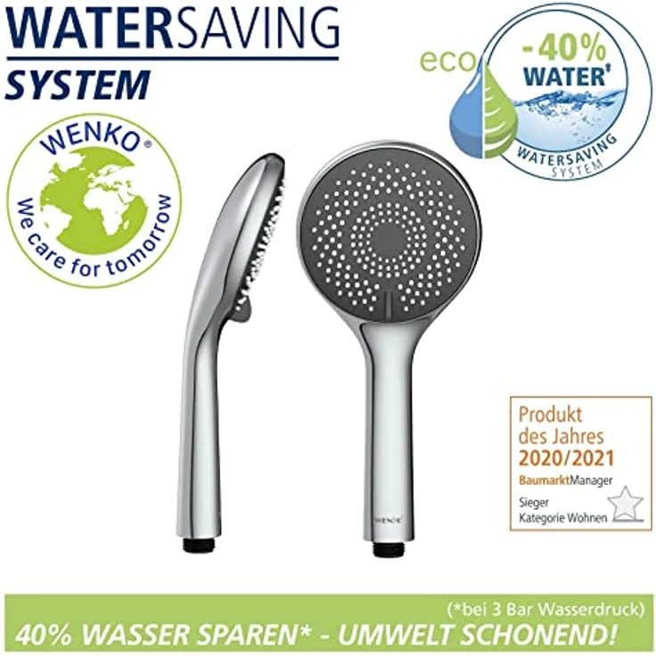 WENKO Wasserspar Duschkopf Watersaving, wassersparende Universal-Handbrause, Duschbrause mit nachhaltigem Wasserspar-System, 40% Wasser sparen bei vollem Komfort, Duschkopf Ø 11 cm, ABS verchromt – Bild 2