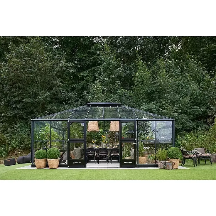 Juliana Gewächshaus Grand Oase, 25,6 m², Glas 3 mm, anthrazit/schwarz, mit automatischer Belüftung und Sicherheitstüren
