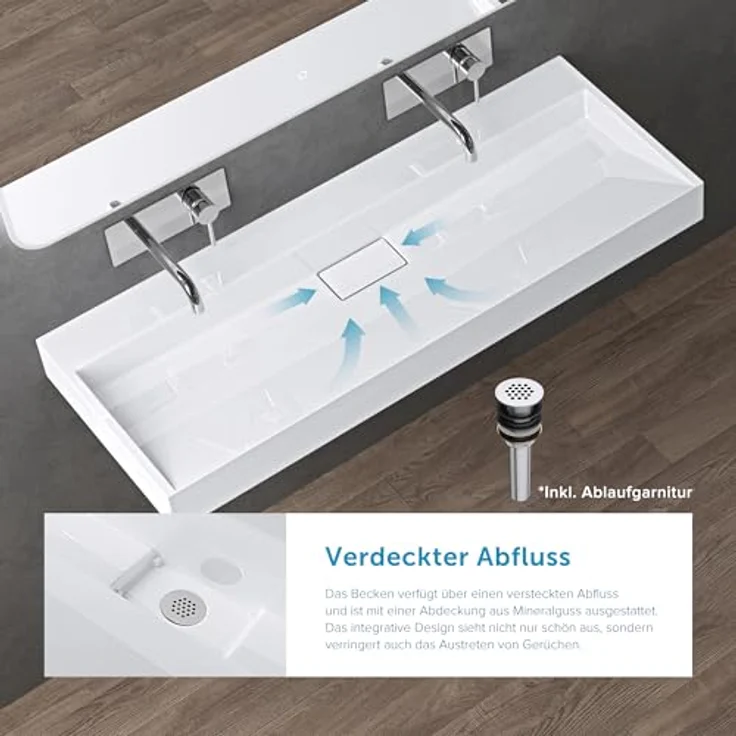 doporro Aufsatzwaschbecken Waschbecken Col19 Gussmarmor inkl. Ablaufgarnitur, Eckig, Hahnlöcher - Hochwertiges Design aus Gussmarmor, einfache Montage, Nano Beschichtung - Weiß – Bild 3