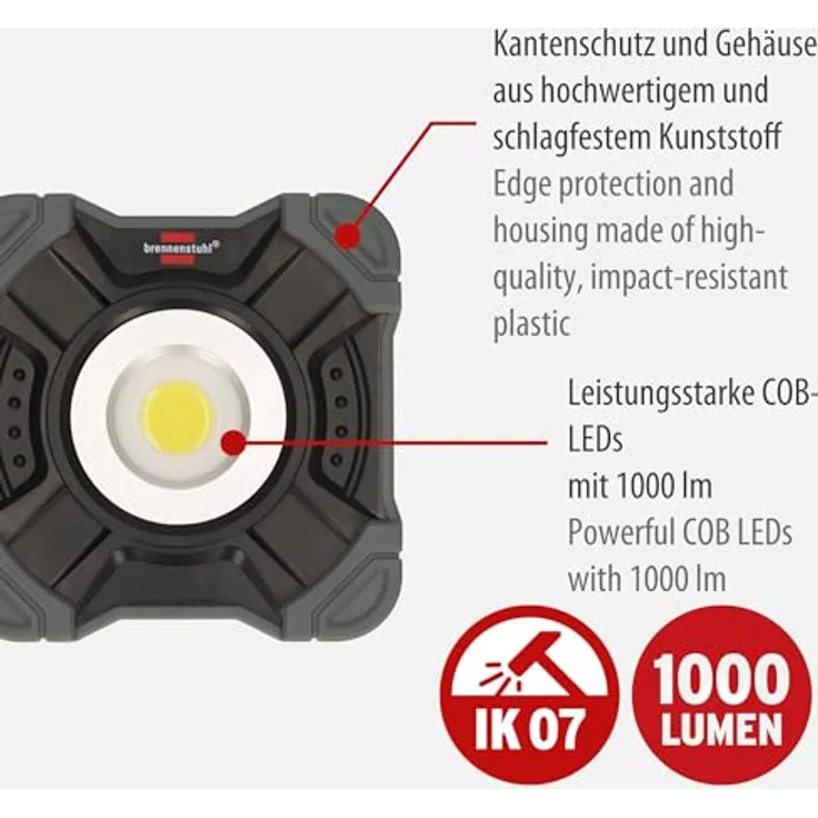 Brennenstuhl Akku LED Arbeitsstrahler SH 1000 MAC, 1000lm, IP54, Magnet und Karabinerring, robustes Gehäuse, schwarz – Bild 2