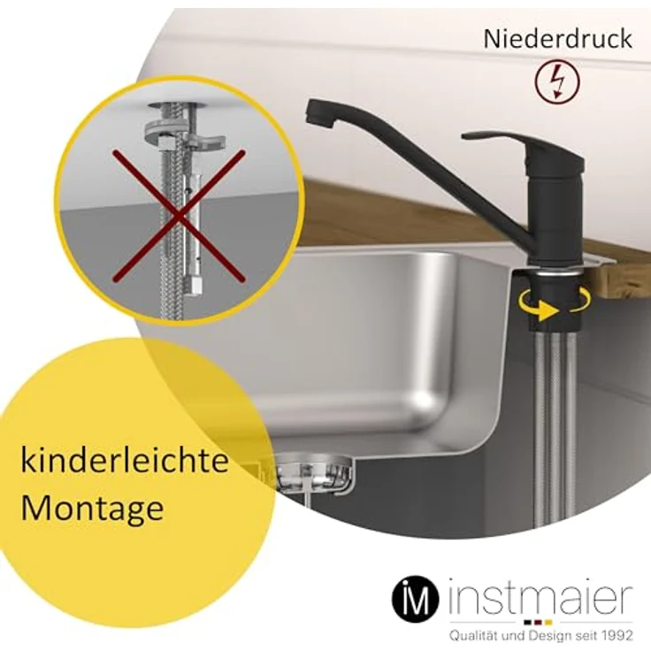 instmaier Spültischarmatur K1, Einhebelmischer Niederdruck mit 360° Schwenkauslauf und neoperl-Mischdüse, Chrom Schwarz Matt – Bild 4