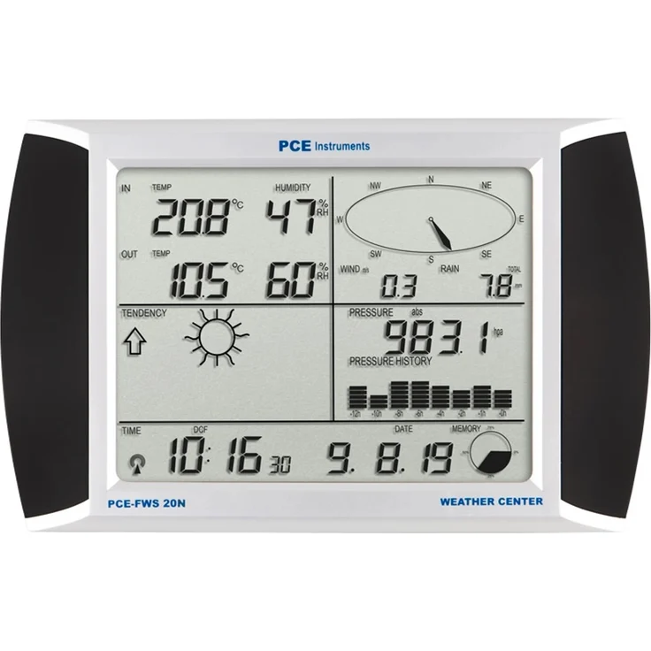PCE Instruments Wetterstation FWS 20N 2 mit Außensensor, 7 Zoll Touchscreen, USB-Datenlogger für Temperatur, Luftfeuchte und Windmessung