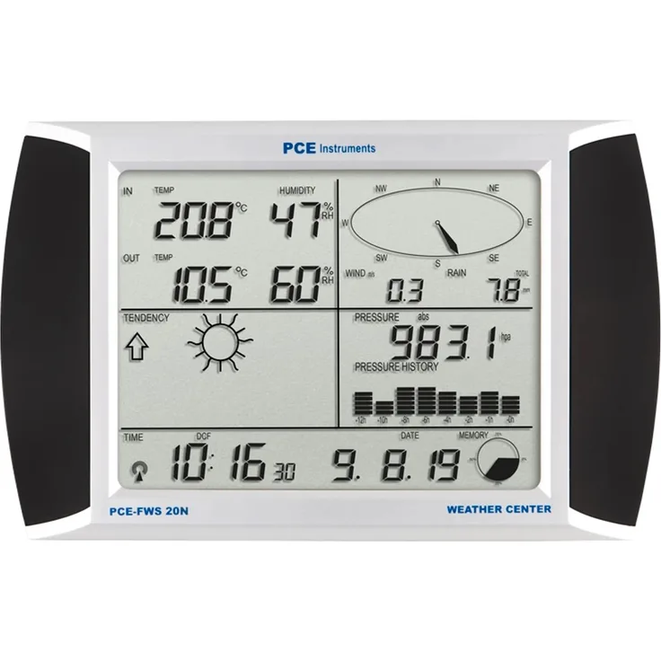 PCE Instruments Wetterstation FWS 20N 2 mit Außensensor, 7 Zoll Touchscreen, USB-Datenlogger für Temperatur, Luftfeuchte und Windmessung
