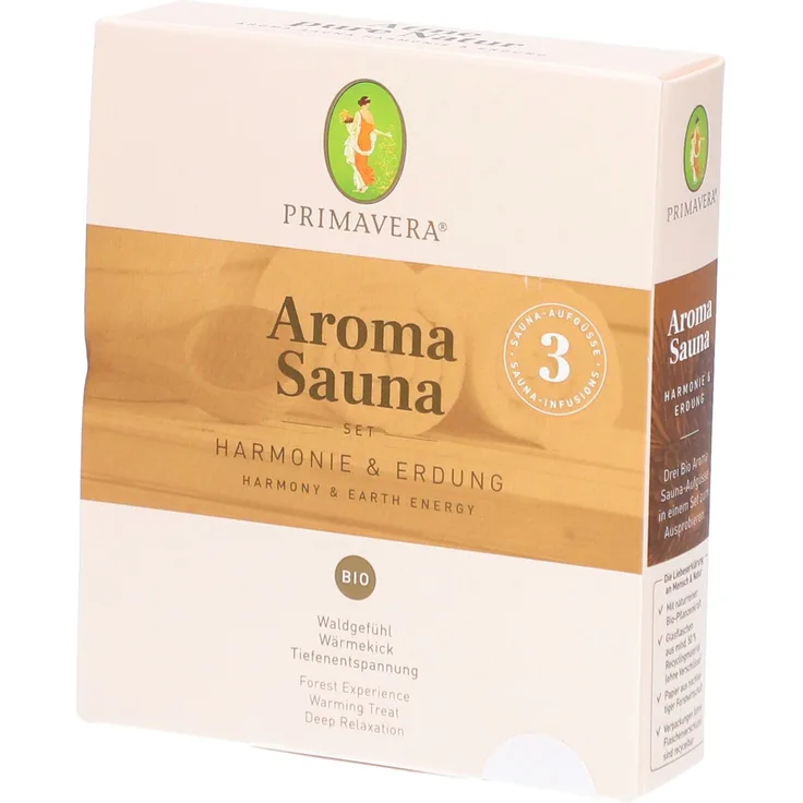 PRIMAVERA SET Aroma Sauna Harmonie & Erdung, 1 St Konzentrat mit 3 naturreinen Bio-Duftmischungen für entspannende Saunaaufgüsse