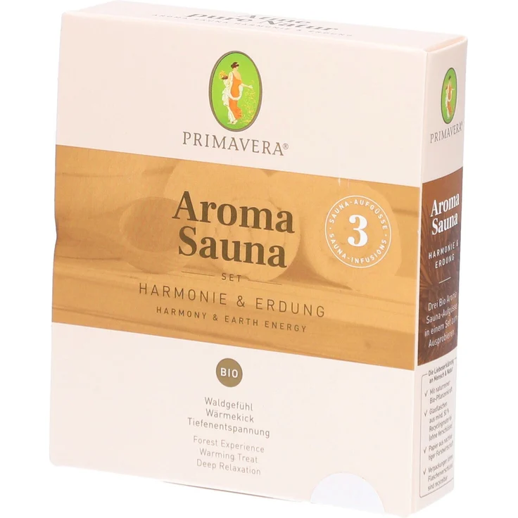 PRIMAVERA SET Aroma Sauna Harmonie & Erdung, 1 St Konzentrat mit 3 naturreinen Bio-Duftmischungen für entspannende Saunaaufgüsse