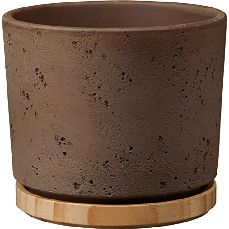 Soendgen Keramik Blumentopf, Paros Deluxe, sandgrau/Holz, 16 x 16 x 14 cm, 1551/0016/2121