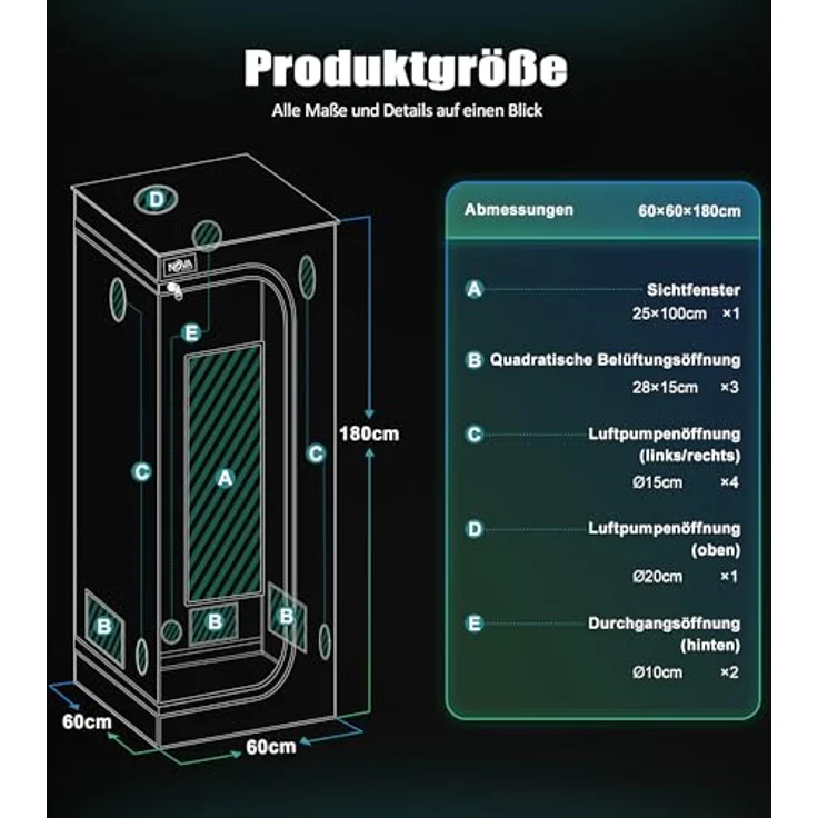 NovaGrove Growzelt 60x60x180cm, Growbox mit 1680D robuster Außenschicht, hochreflektierender Diamant-Aluminium-Innenbeschichtung, schwarz – Bild 2