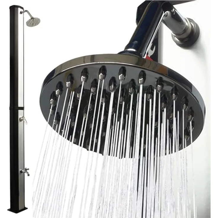 Nemaxx SD35FX Solardusche - silberfarbene Gartendusche mit UV-beständigem Wassertank 35 Liter - mit Fußdusche/Wasserhahn und schwenkbarem Regenduschkopf – Bild 2