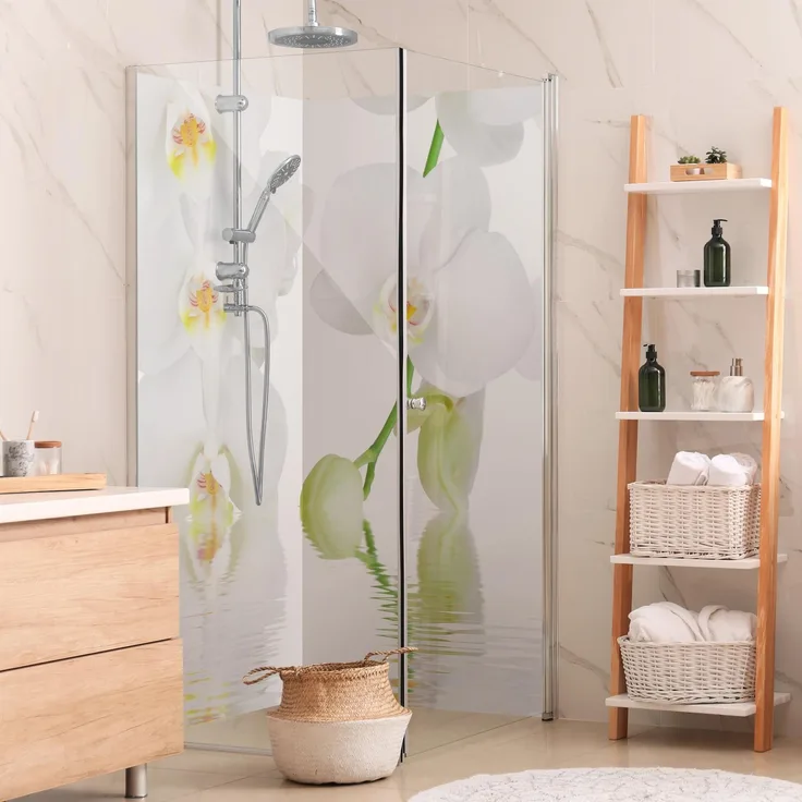 Apalis Home Duschrückwand Blumen selbstklebend, 0.35 mm Wandpaneel wasserfest mit Orchidee-Design in weiß, fugenlos und matt, 80x190 cm