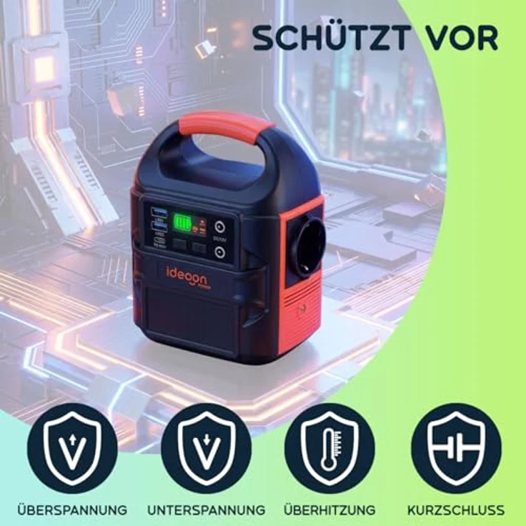 ideoon Mobiles Powerstation Set 88,8Wh mit 20W Solarmodul, 230V Steckdose, USB-C PD 65W, LED-Leuchte für Camping & Outdoor, schwarz-orange – Bild 5