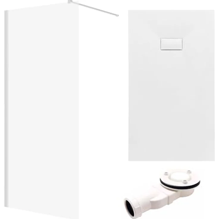 BADLAND Walk-In Dusche KETIL 100x195 mit Duschwanne VIDAR 80x100, Duschabtrennung Transparent Nano Glas, Duschtasse Weiß Steinoptik SMC, Ablaufgarnitur Ø 90 mm – Bild 2