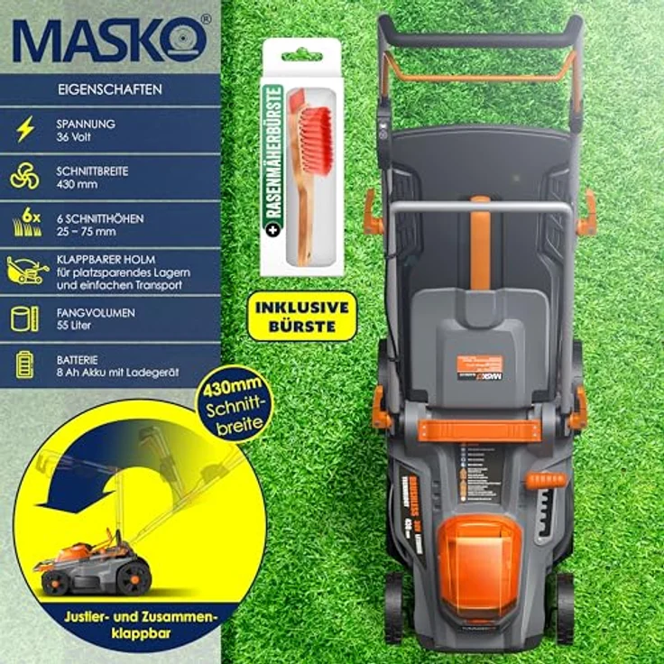 MASKO Akku Rasenmäher ECO-X10 inkl. 2X Akkus Li-Ion Batterie 4 Ah & Doppel-Ladegerät – Rasentrimmer Schnittbreite, 25-75mm Schnitthöhenverstellung Schwarz - Orange, Schnittbreite 43cm – Bild 2