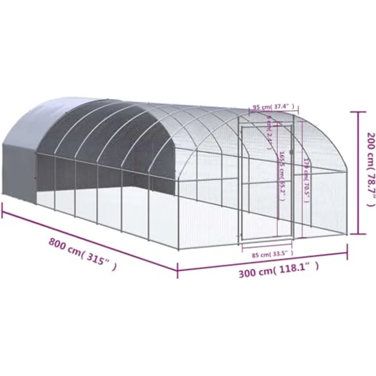 vidaXL Hühnerstall, Outdoor-Hühnerstall aus verzinktem Stahl, 3x8x2 m, wasserfestes Dach, Silber/Silbergrau – Bild 9