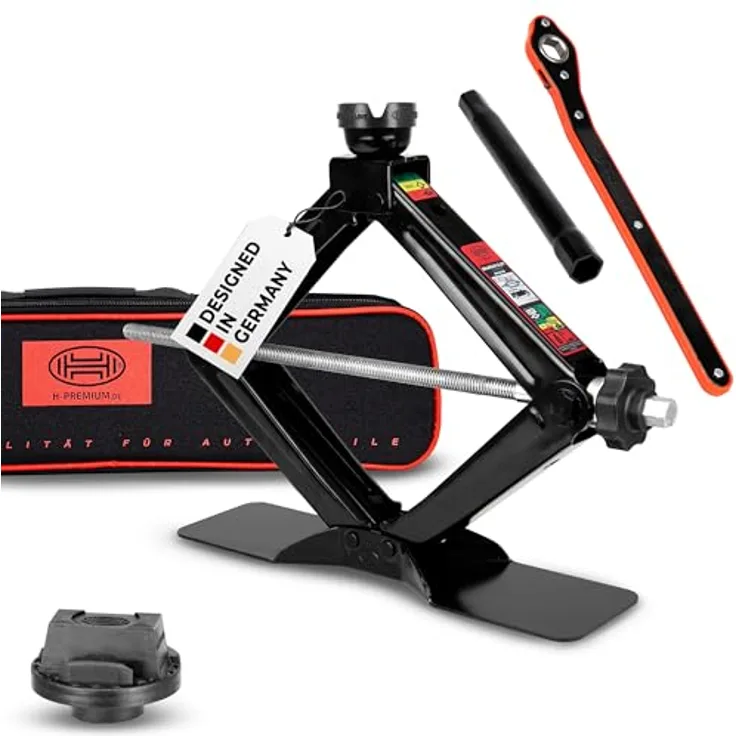 HEYNER® Multi Lift L Black, Scherenwagenheber 2t mit 360° drehbarer Gummiauflage für Mercedes, Hubhöhe 125-470 mm, inkl. Ratsche & Tasche