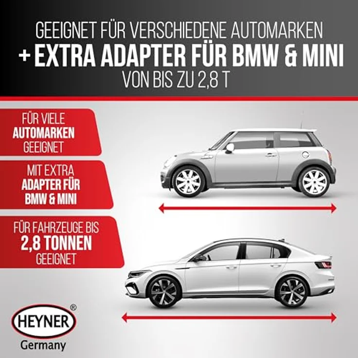 HEYNER® Scherenwagenheber 2 t für BMW 5er G60 (2023–), runder Sattel, austauschbare 360° Gummiauflage, Hub 125–470 mm, 17 mm Ratsche & Drehknauf, Standfuß 30×8 cm, bis −50 °C – Bild 3
