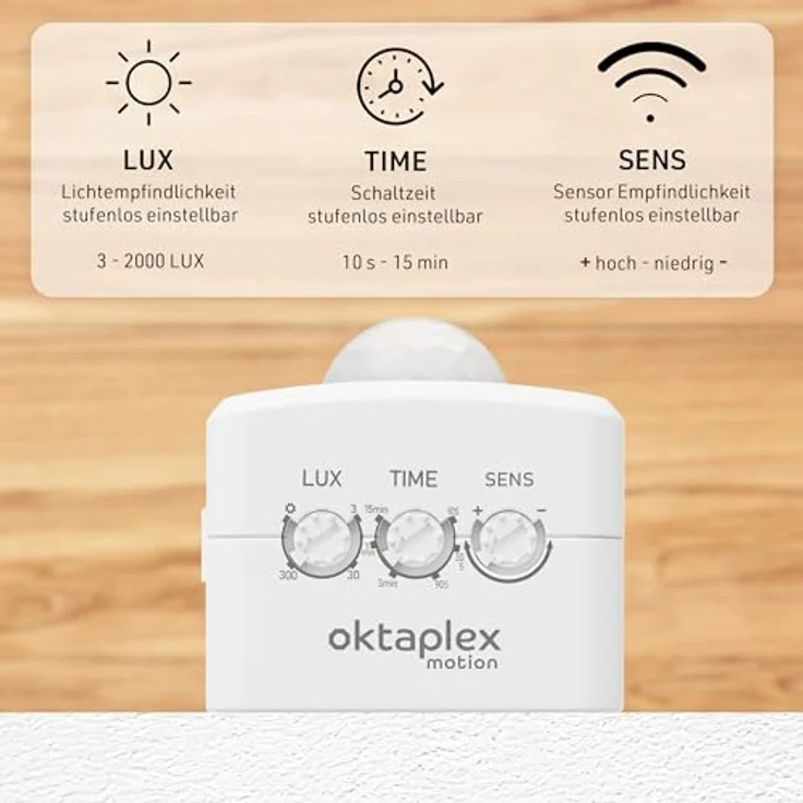 Oktaplex lighting Bewegungsmelder Sia, Steckdose mit PIR Sensor, 9 m Reichweite, 120 Grad Erfassung, 3 Betriebsmodi, weiß (2-St) – Bild 5