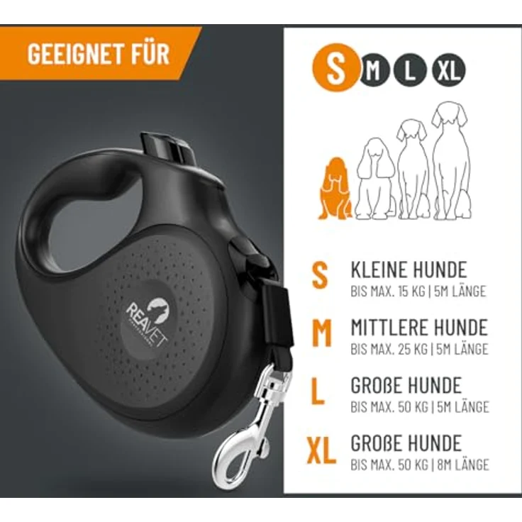ReaVET Rollleine Hundeleine ausziehbar 5m für kleine Hunde (S) I Ergonomischer & Rutschfester Griff I Hundeleine Einziehbar, Robuste Ausziehleine mit Brems-Stopp-System I Leine Hund bis 15kg – Bild 2