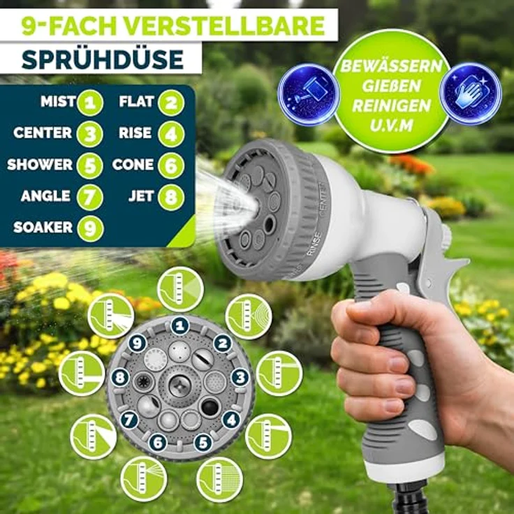 tillvex Schlauchtrommel Wasser mit Wandhalterung und Tragegriff, 35m Gartenschlauch mit 9-funktionaler Handbrause, grau, 180° schwenkbar, mit Aufroll-Automatik – Bild 4