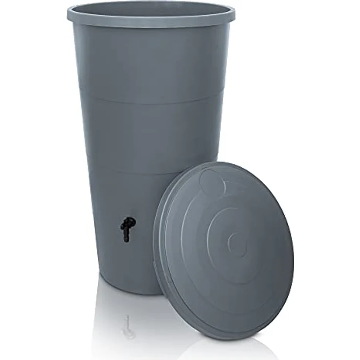 YourCasa Regentonne 160 Liter mit Anschlusset & Bohrer inklusive - Wetterfest aus Kunststoff, Wasserhahn, für Garten (Grau, 160L) – Bild 1