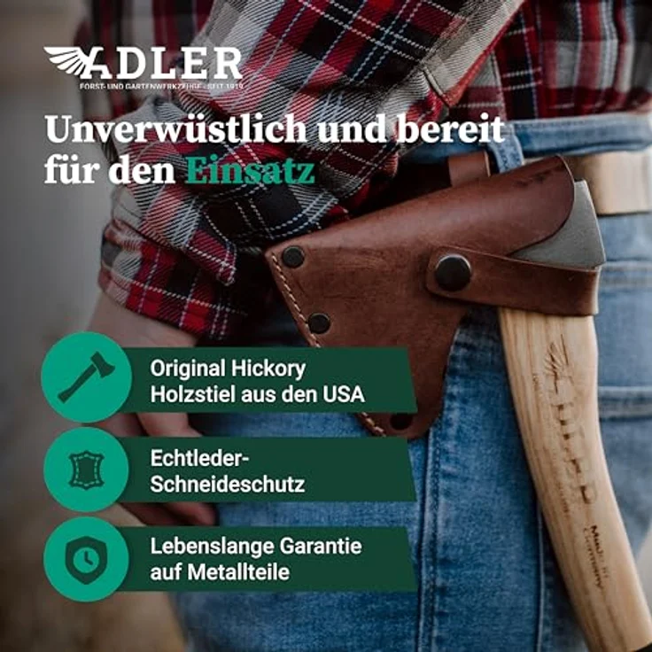 Adler Spaltbeil inkl. Lederschutz: Robustes Holzbeil aus C60-Stahl, Spaltaxt mit 50 cm Hickorystiel, Anti-Rutsch Outdoor-Forstaxt, Grün/schwarz, 1250 g – Bild 4