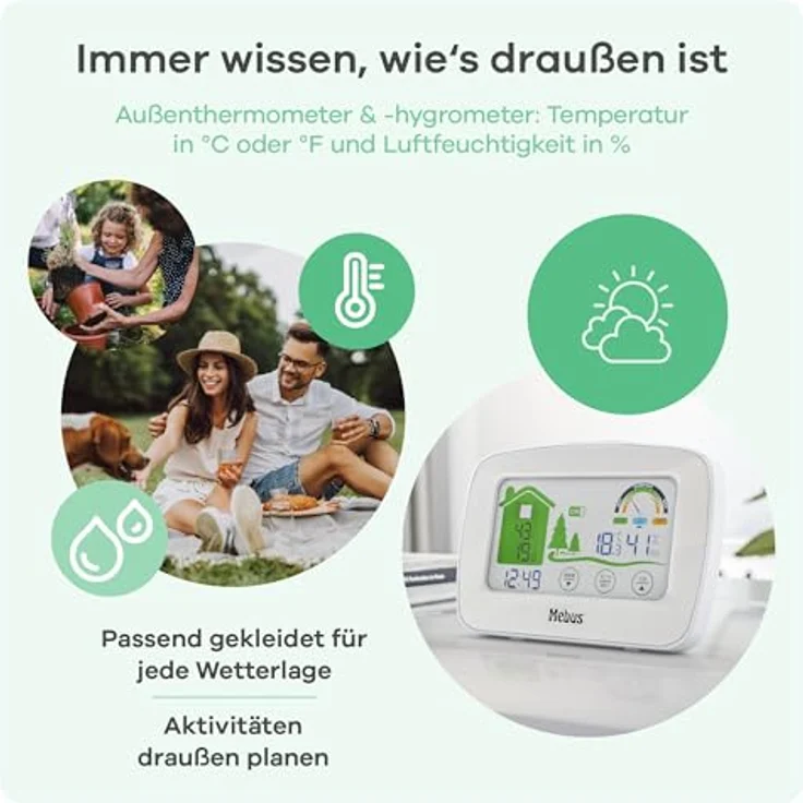 Mebus Wetterstation 40902, funkgesteuert mit Außensensor, Thermometer/Hygrometer, Wohlfühlindikator, Min-/Max-Funktion, Displaybeleuchtung, Farbe: Schwarz – Bild 4