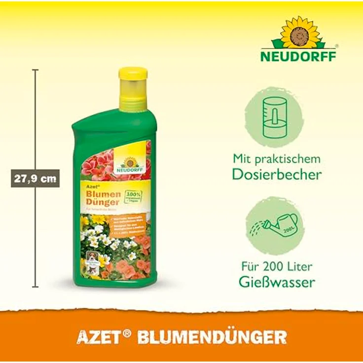 Neudorff Azet Blumendünger Bio, 1L flüssig, 100% organisch und vegan für 200L Gießwasser, ideales Balkon- und Zimmerpflanzendünger mit Dosierbecher – Bild 3