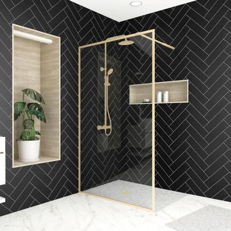 AURLANE Walk In Duschabtrennung Golden Edge, 100 x 200 cm, Profil gold mit Klarglas, reversibel, mit 6mm Einscheibensicherheitsglas und verdeckten Verschraubungen