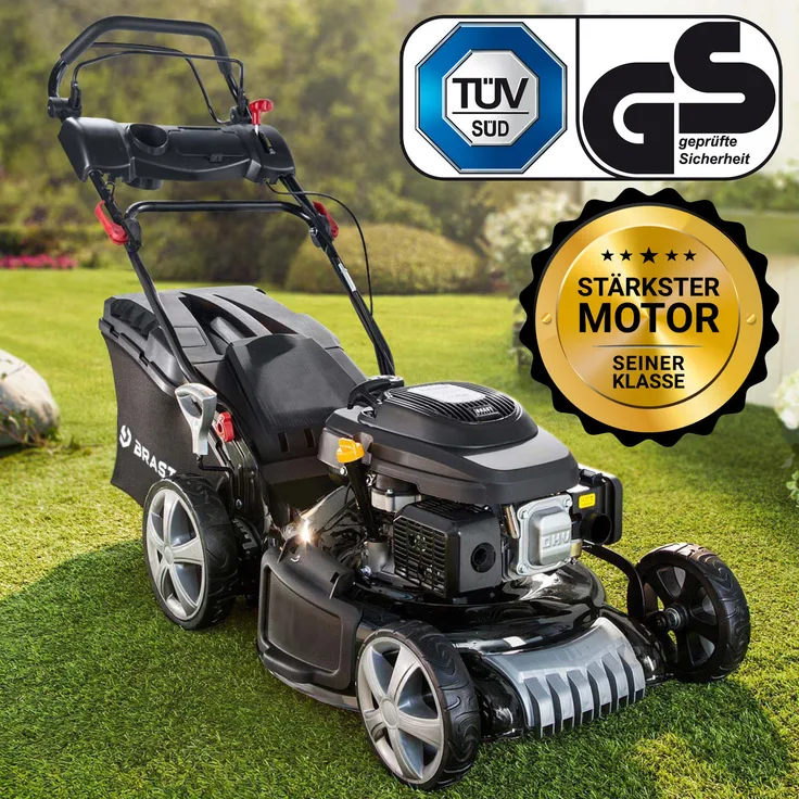 Brast Benzin Rasenmäher mit Antrieb 5,2kW(7PS) 48cm Schnittbreite 4 Takt OHV Motor 30-80mm Schnitthöhe 60L Fangkorb Stahlgehäuse 19224