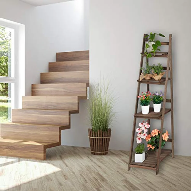 Relaxdays Blumentreppe, 4-stufig, Blumenleiter Holz, klappbar, Leiterregal Pflanzen, HBT: 160 x 41 x 49 cm, dunkelbraun – Bild 2