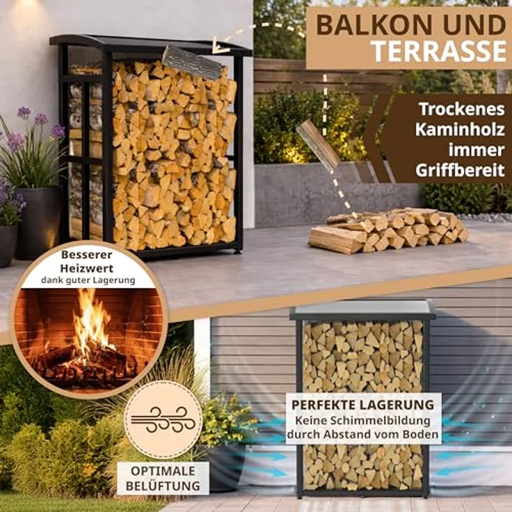 LAWA Kaminholzregal außen klein, verzinkt mit Dach und Stellfüßen, platzsparendes Design für Terrasse und Balkon, Metall schwarz, 91×56×117cm – Bild 4