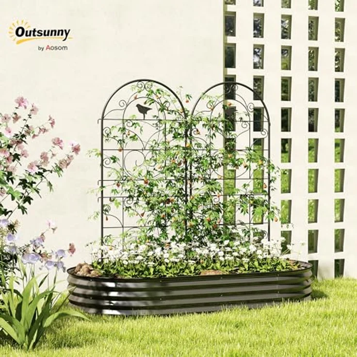 Outsunny Rankhilfe 2er Set, Rostfreies Metallspalier mit Vogeldesign, 50x120 cm für Kletterpflanzen, Schwarz – Bild 2