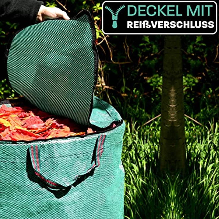 3x Gartenabfallsack 300 Liter Mit Deckel - Laubsack Mit 4 Reißfesten Griffen - Stabil - Faltbar - Wiederverwendbar - Robustes Polypropylen – Bild 2