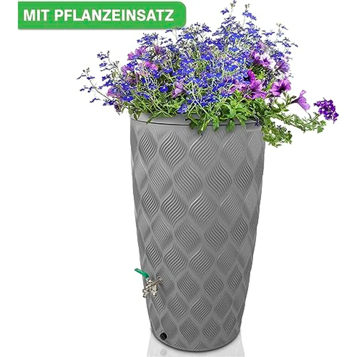 YourCasa Regentonne 240 Liter [Seabreeze] - Design-Highlight mit traumhafter Oberflächenstruktur - Regenwassertonne für Garten, frostsicher (Grau Ohne Wasserhahn) – Bild 5