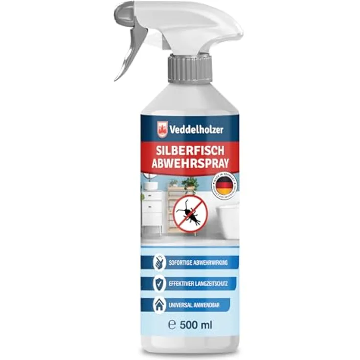 Veddelholzer Insektenspray 500 ml, Papier- & Silberfisch Abwehrspray mit laborgeprüfter Wirksamkeit, sofort und Langzeitschutz