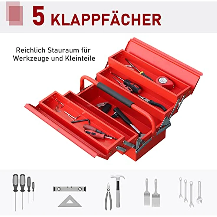 DURHAND Werkzeugkasten Werkzeugkoffer Montage Werkzeugkiste leer platzsparend mit 5 Fächer aufklappbar stabil Stahl (SPCC) Rot 45 x 22,5 x 34,5 cm – Bild 5