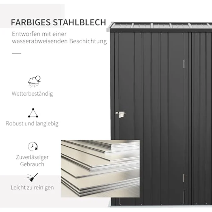 Outsunny Gerätehaus mit Pultdach 1,34 m² Gartenhaus Geräteschuppen Abschließbarer Geräteschrank verzinkter Stahl Schwarz 161,5 x 94,5 x 196 cm – Bild 4