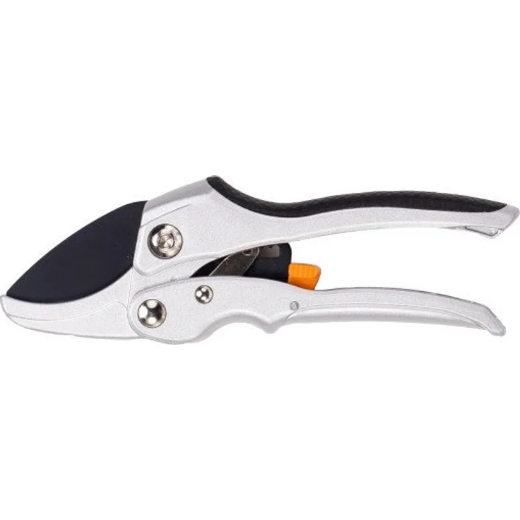 Primaster Ratschenhandschere Alu 20 cm, Amboss-Gartenschere mit antihaftbeschichtetem Karbonstahl, grau/orange