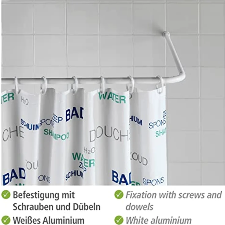 WENKO Duschvorhangstange Winkelstange, praktische Wandbefestigung in klassischem Weiß, anpassbare L- und U-Form, 80x80 cm bis 90x90 cm – Bild 3