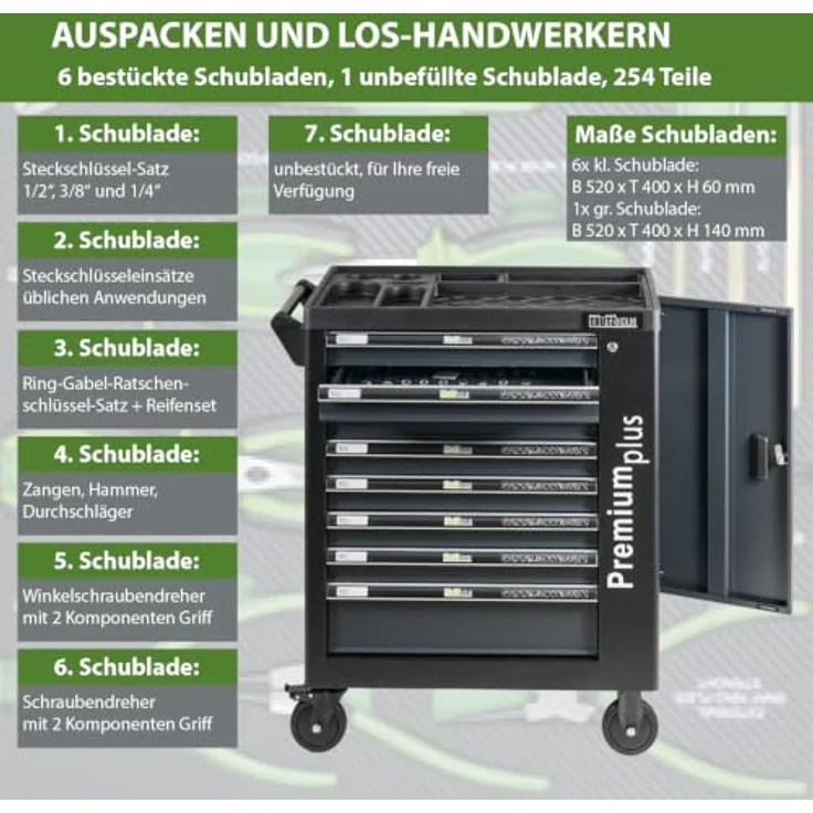 TRUTZHOLM Werkstattwagen Premium XXL, 254-tlg. CRV Werkzeugset auf Rollen, abschließbar, 8 Schubladen, schwarz-anthrazit, 840mm Breite – Bild 5