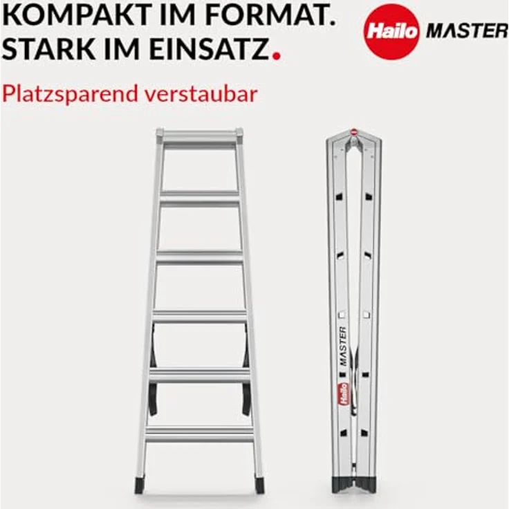 Hailo Master D100 Aluminium Doppelstufenleiter, beidseitig begehbar, breite rutschhemmende Stufen, große Abstellfläche, 2 x 6 Stufen, EN 131 geprüft, belastbar bis 150 kg – Bild 5
