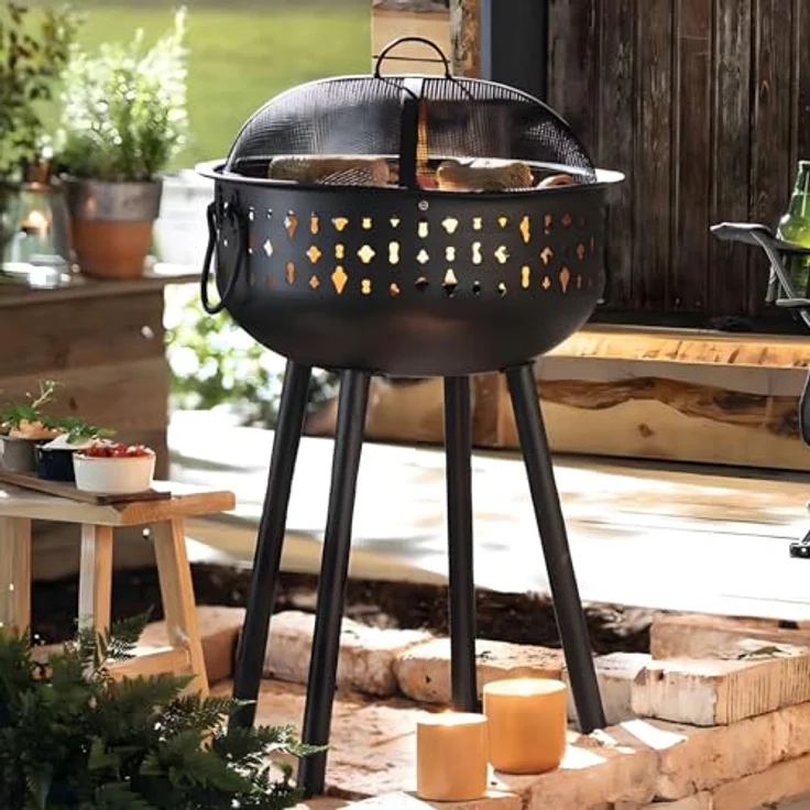 Dekoleidenschaft Grill "Black", tragbarer Holzkohlegrill aus mattschwarz lackiertem Metall, Edelstahl-Grillrost & abnehmbare Haube, Ø 49 cm – Bild 1