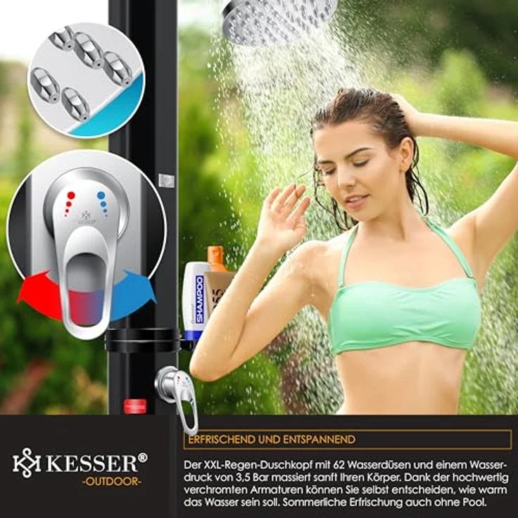 KESSER Solardusche 40- 60 Liter Solar Gartendusche warmes Wasser max. 60°C Inkl. Schutzhaube ohne Stromanschluss Pooldusche CampingRegenduschkopf und Wasserhahn Gartenschlauch-Anschluss Schwarz, 40 Liter - Preisvergleich – Bild 5